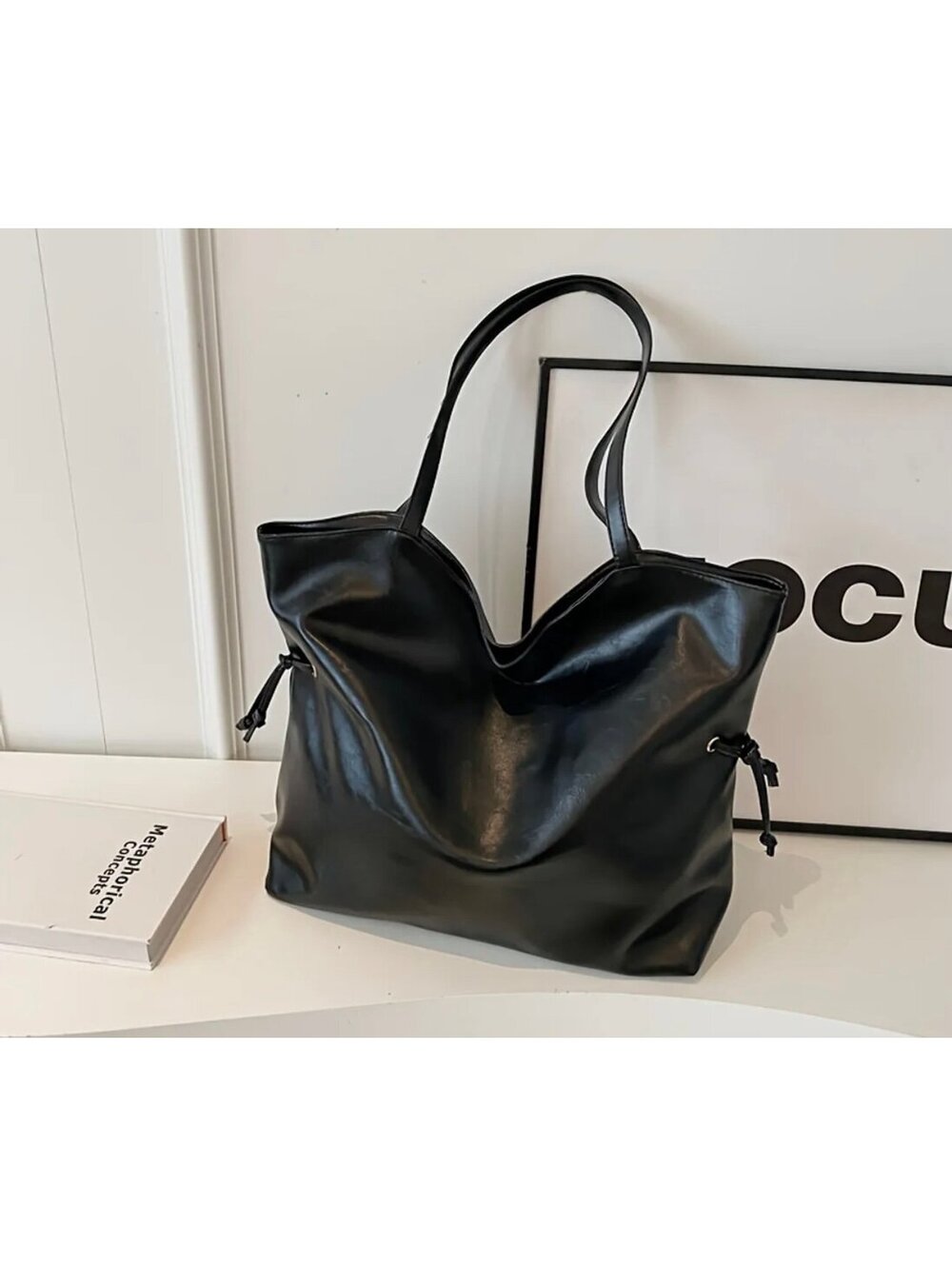 New - Gorgeous - Large Capacity - Faux Leather Shoulder Bag - Black
